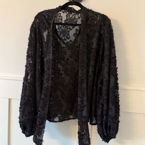 SHEIN Black Floral Burnout Blouse with Billowy Sleeves